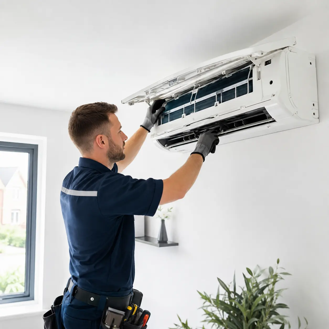 Professional engineer repairing a modern wall-mounted air conditioning system.