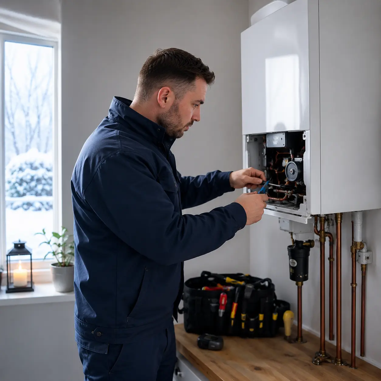 Gas Safe engineer repairing a home heating system during winter in the UK.