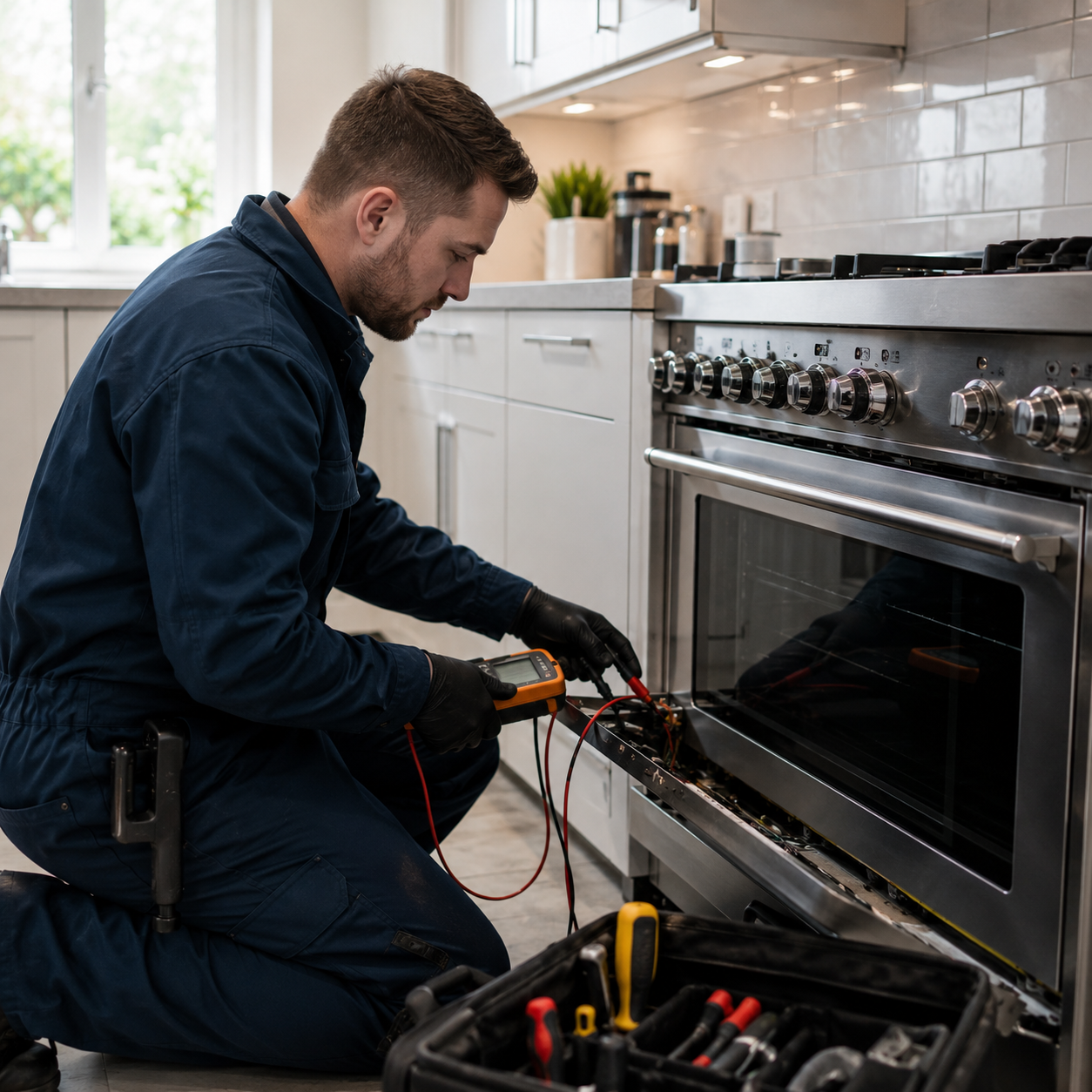 Gas Safe engineer repairing a modern gas cooker in a UK kitchen.