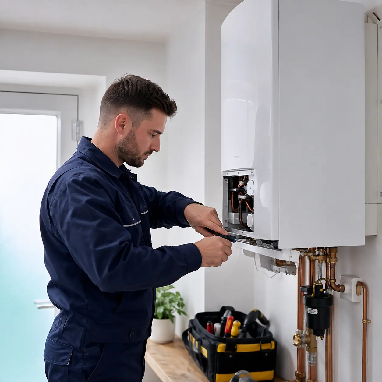 Gas Safe engineer repairing a modern domestic water heater in a UK home.